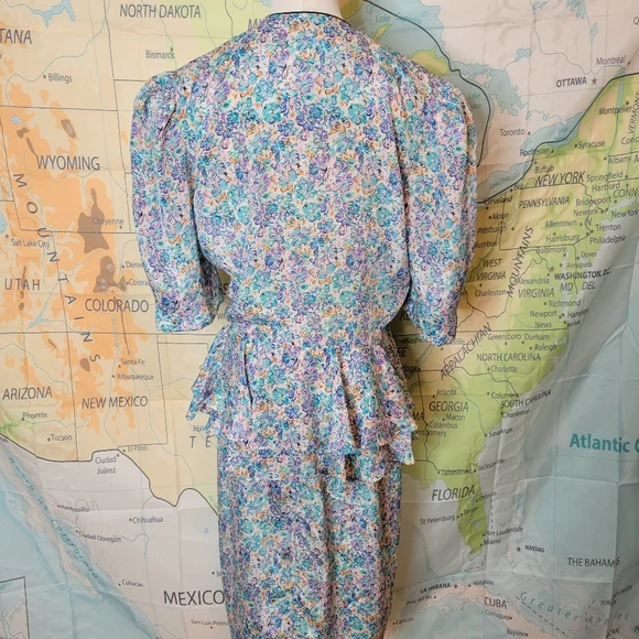 Vintage 1980sJT Dress Floral Wrap Dress with Blue and Pink Accents Size 10